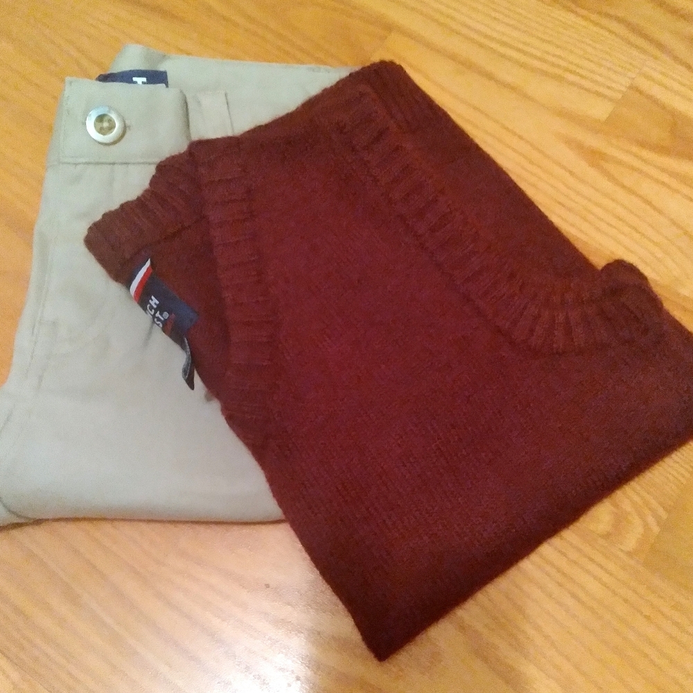 French Toast Lot Burgundy V-Neck Sweater Vest and Tan   Khakis Set